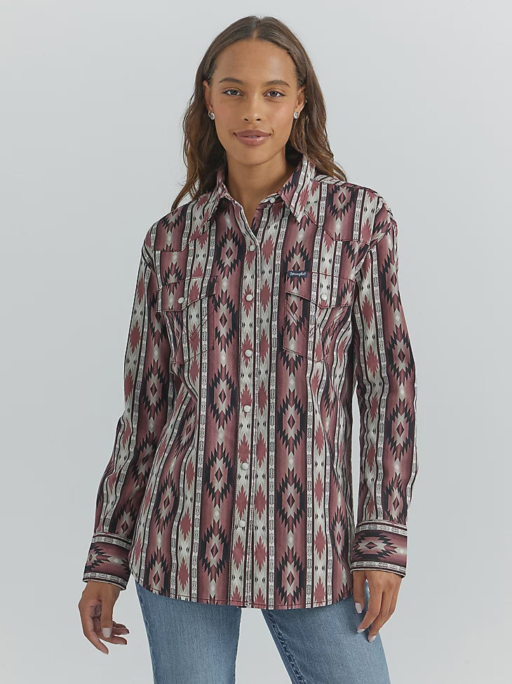 LADIES CHECOTAH BOYFRIEND FIT BURGANDY SHIRT