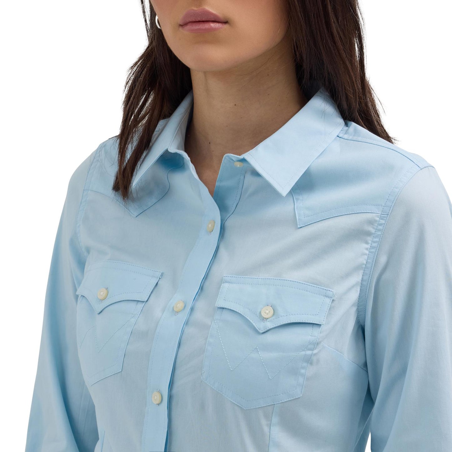 LADIES WRANGLER SOLID BUTTON SHIRT- COOL BLUE