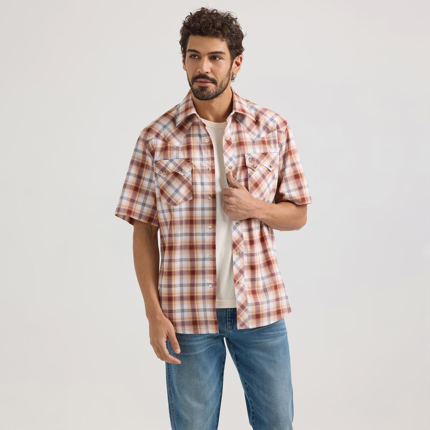 MENS WRANGLER ORANGE PLAID SHORT SLEEVE