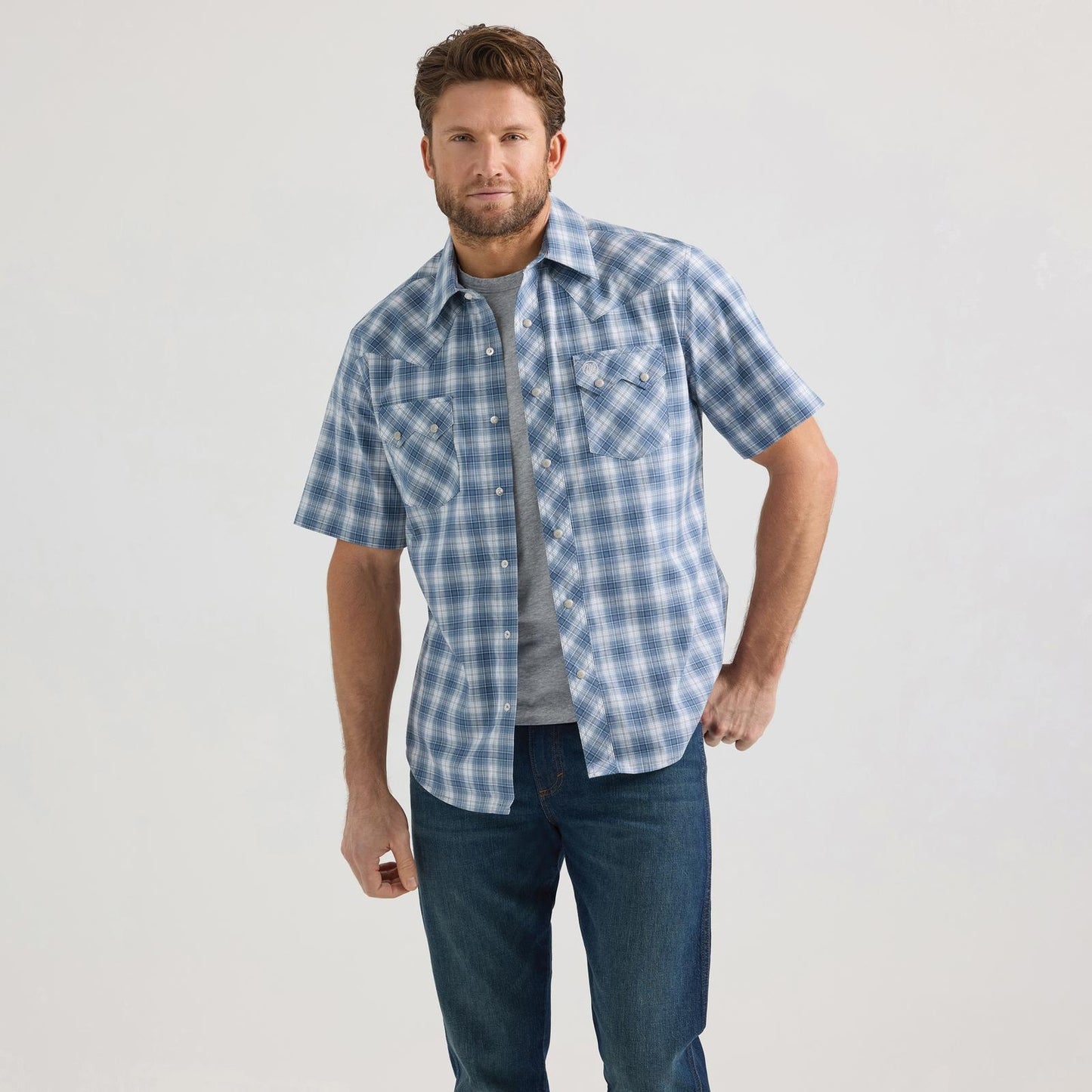 MENS WRANGLER BLUE PLAID SHORT SLEEVE