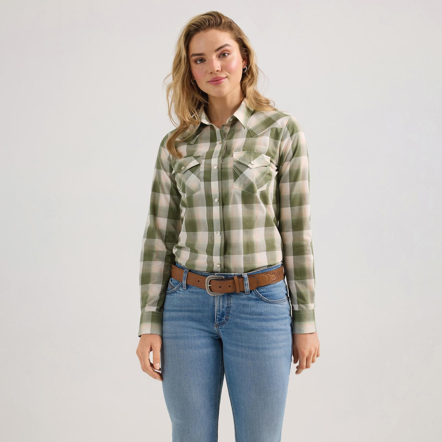 LADIES WRANGLER ESSENTIALS GREEN PLAID SHIRT