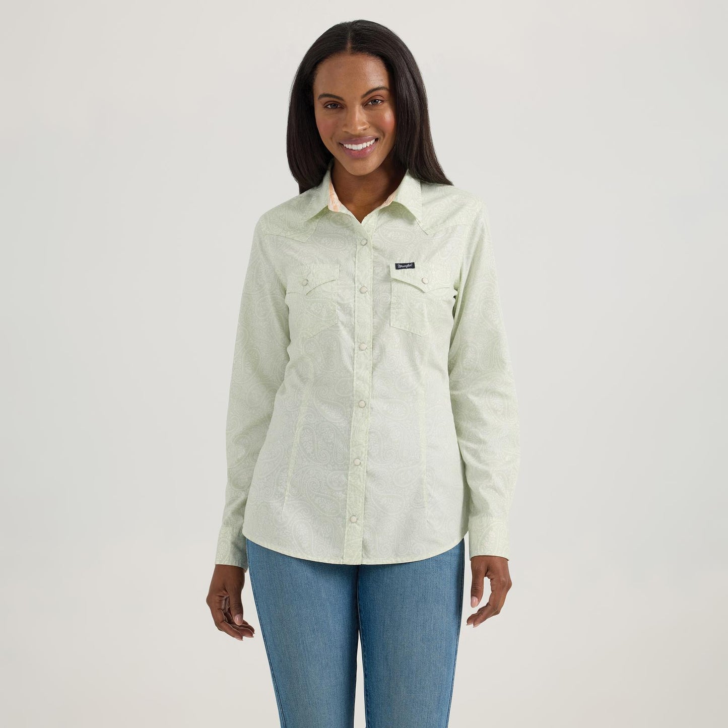 LADIES WRANGLER LIGHT GREEN PAISLEY SNAP SHIRT