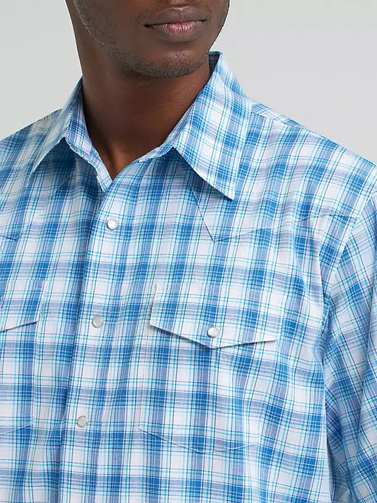 MENS BLUE PLAID WRINKLE RESIST SHORT SLEEVE SHIRT