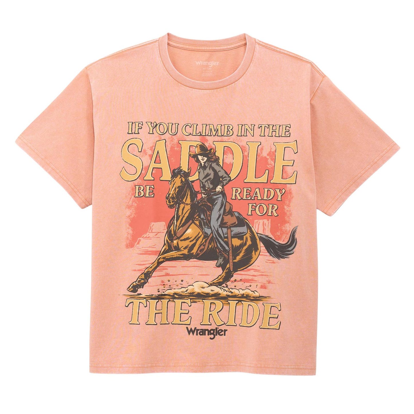LADIES RETRO CLIMB IN THE SADDLE PINK TSHIRT