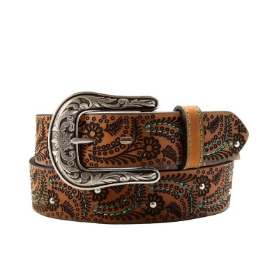 LADIES NOCONA BROWN PAISLEY TOOLED BELT W/ TURQUOISE STITCHING