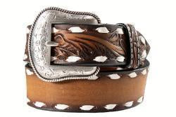 YOUTH BROWN BELT W/ TOOLED ENDS AND BUCKSTITCH