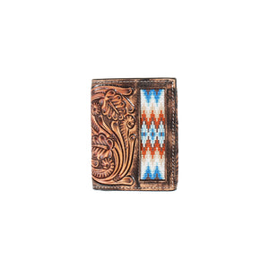 MENS 3D TRIFOLD TOOLED SCROLL W/ EMBROIDERED INLAY WALLET
