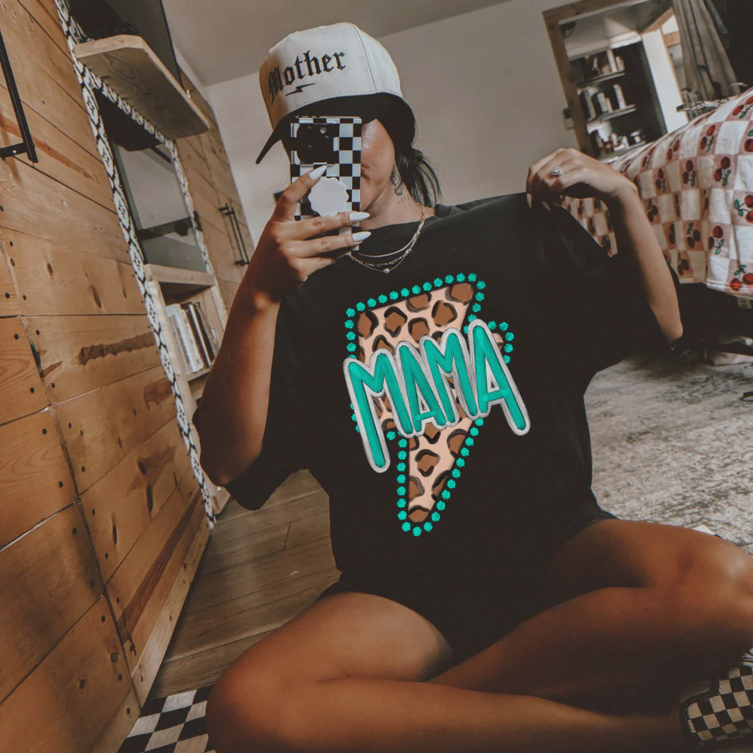 TURQUOISE AND CHEETAH MAMA TEE