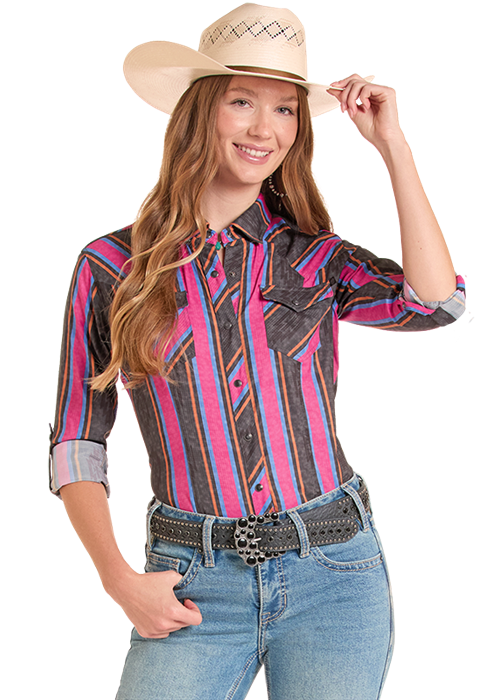 LADIES PINK/BLACK RIPSTOP STRIPE SHIRT