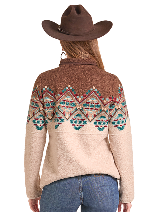 LADIES AZTEC SHERPA 1/4 ZIP- BROWN/TEAL