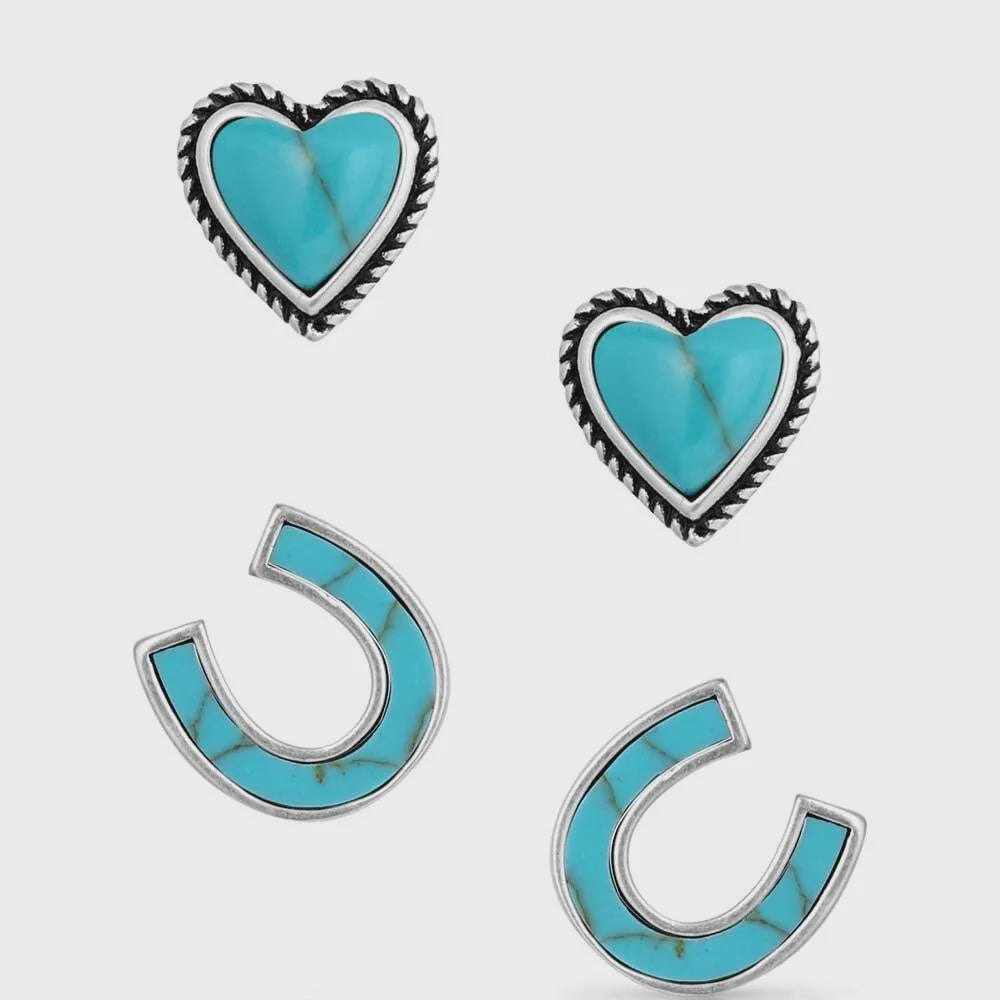 TURQUOISE HEARTS AND HORSESHOE EARRING SET