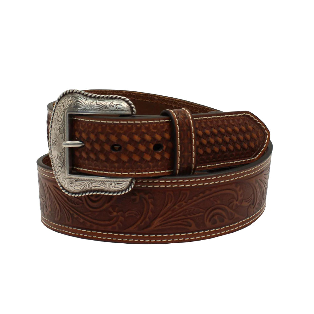 MENS BROWN FLORAL TOOLED BELT W/ BASKETWEAVE TIP