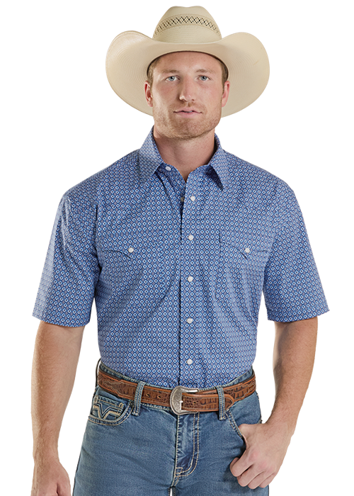 MENS SHORT SLEEVE SOUTHWESTERN DIAMONT PRINT- BLUE