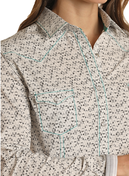 LADIES PANHANDLE GEO PRINT SHIRT WITH TEAL STITCH -40% OFF