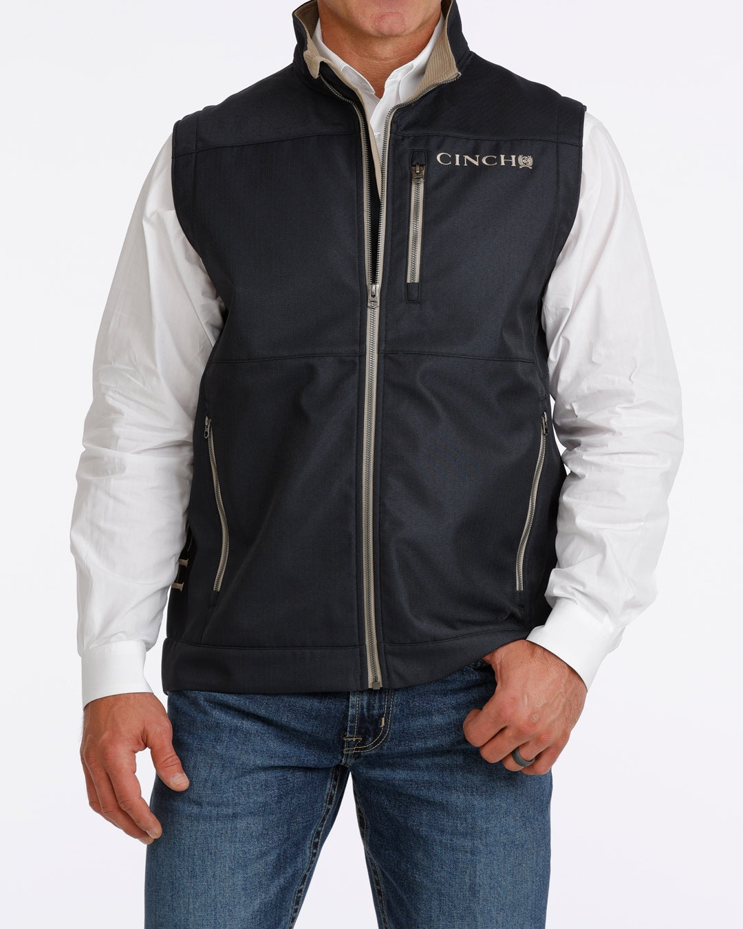 MENS BONDED SOFTSHELL VEST- NAVY/TAN