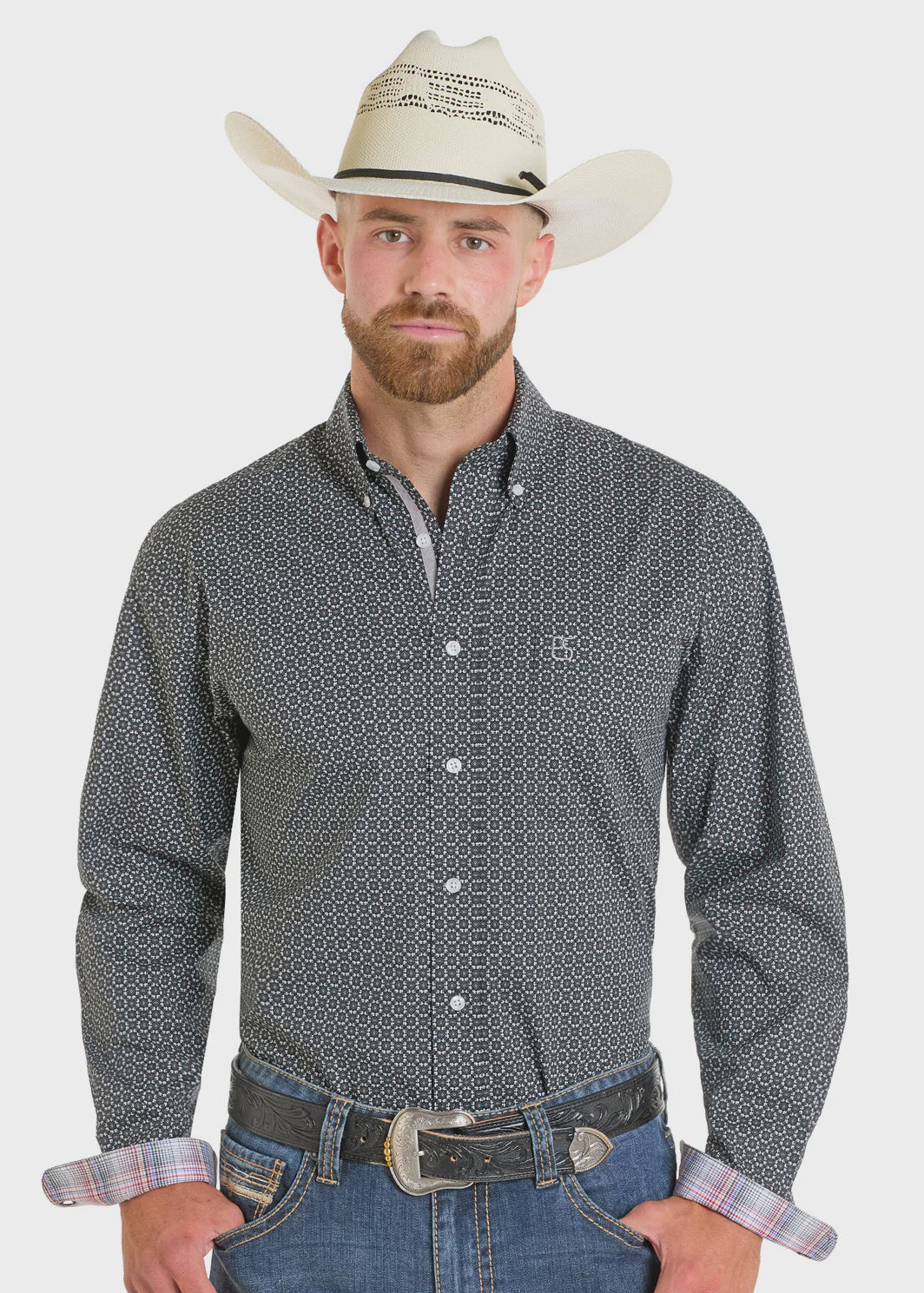 MENS GREY GEO PRINT BUTTON SHIRT -40% OFF