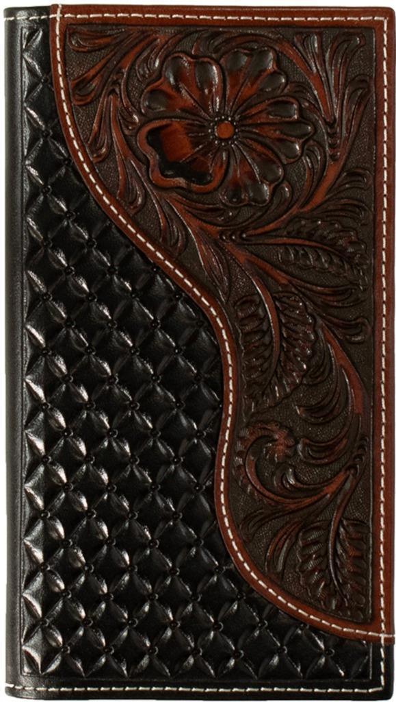 MENS NOCONA BLACK RODEO WALLET WITH BROWN TOOLED CORNER