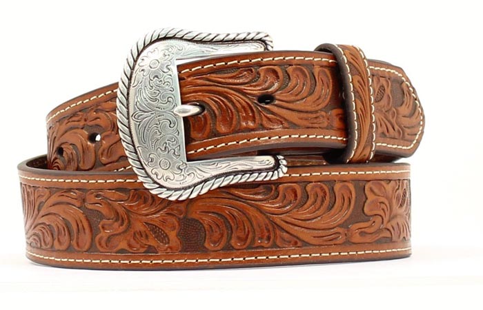 MENS BROWN FLORAL TOOLED BELT