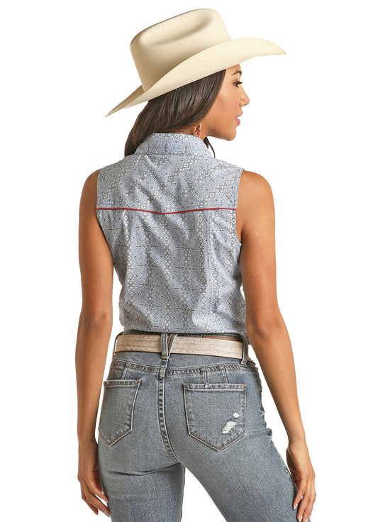 LADIES PANHANDLE BLUE SLEEVELESS SHIRT W/RED PIPING