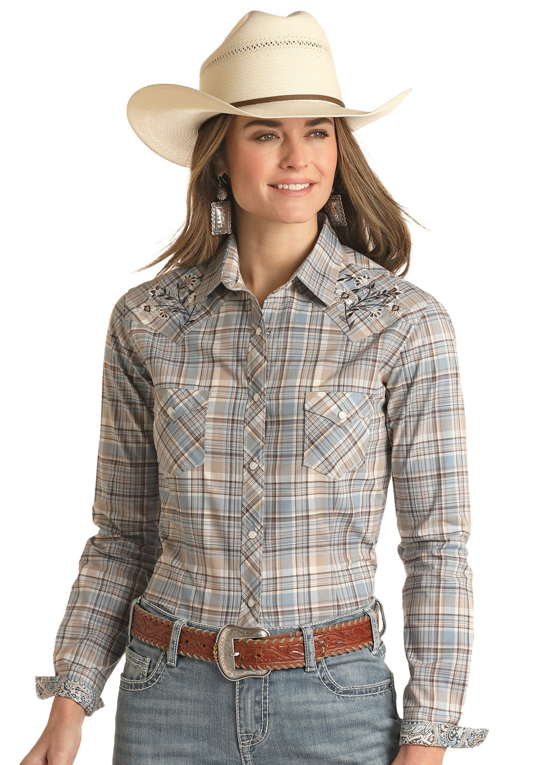 LADIES PANHANDLE BLUE & CREAM PLAID SHIRT W/ EMBROIDERED FLOWER SHOULDER- 40% OFF