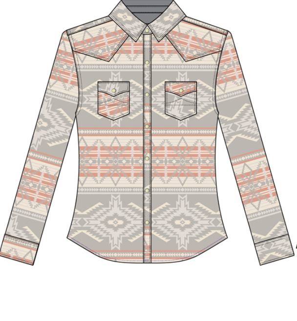 LADIES PANHANDLE PINK/WHITE & GREY SNAP SHIRT-40% OFF