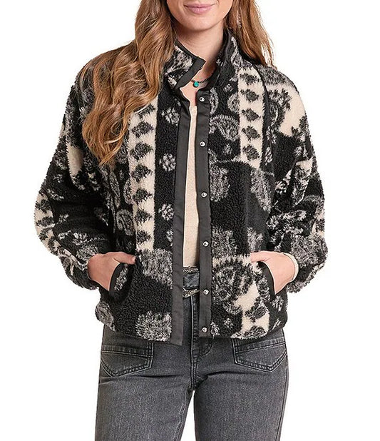 LADIES PAISLEY PRINT SHERPA ZIP- BLACK