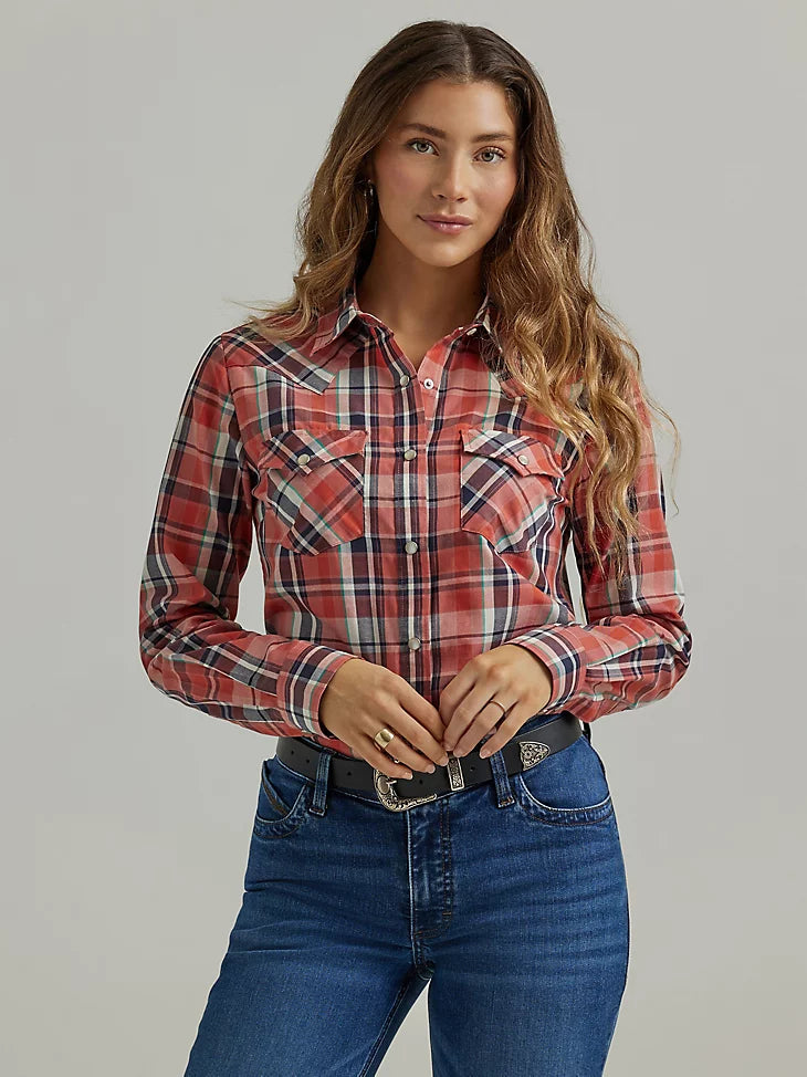 LADIES WRANGLER ESSENTIAL RED PLAID SHIRT