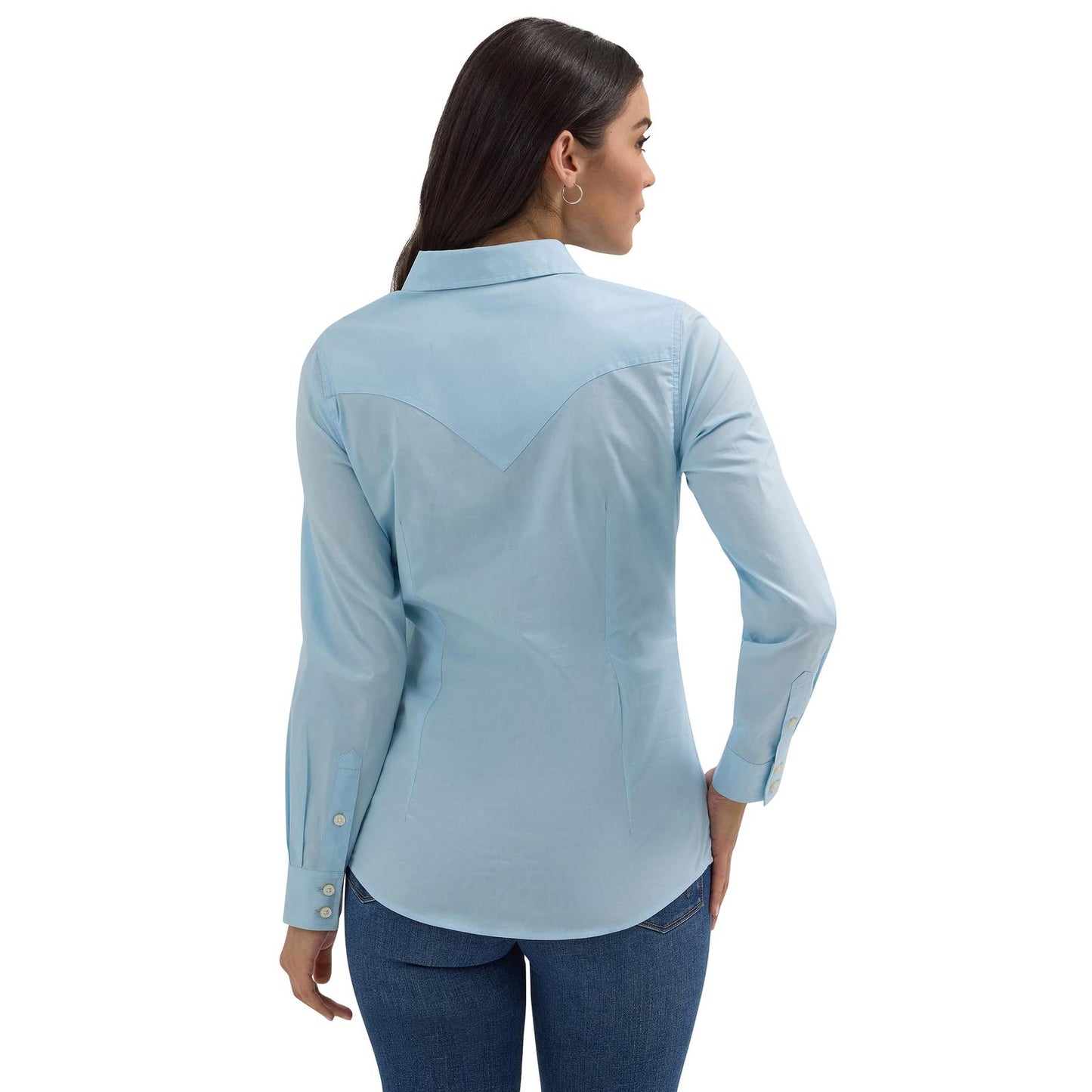 LADIES WRANGLER SOLID BUTTON SHIRT- COOL BLUE