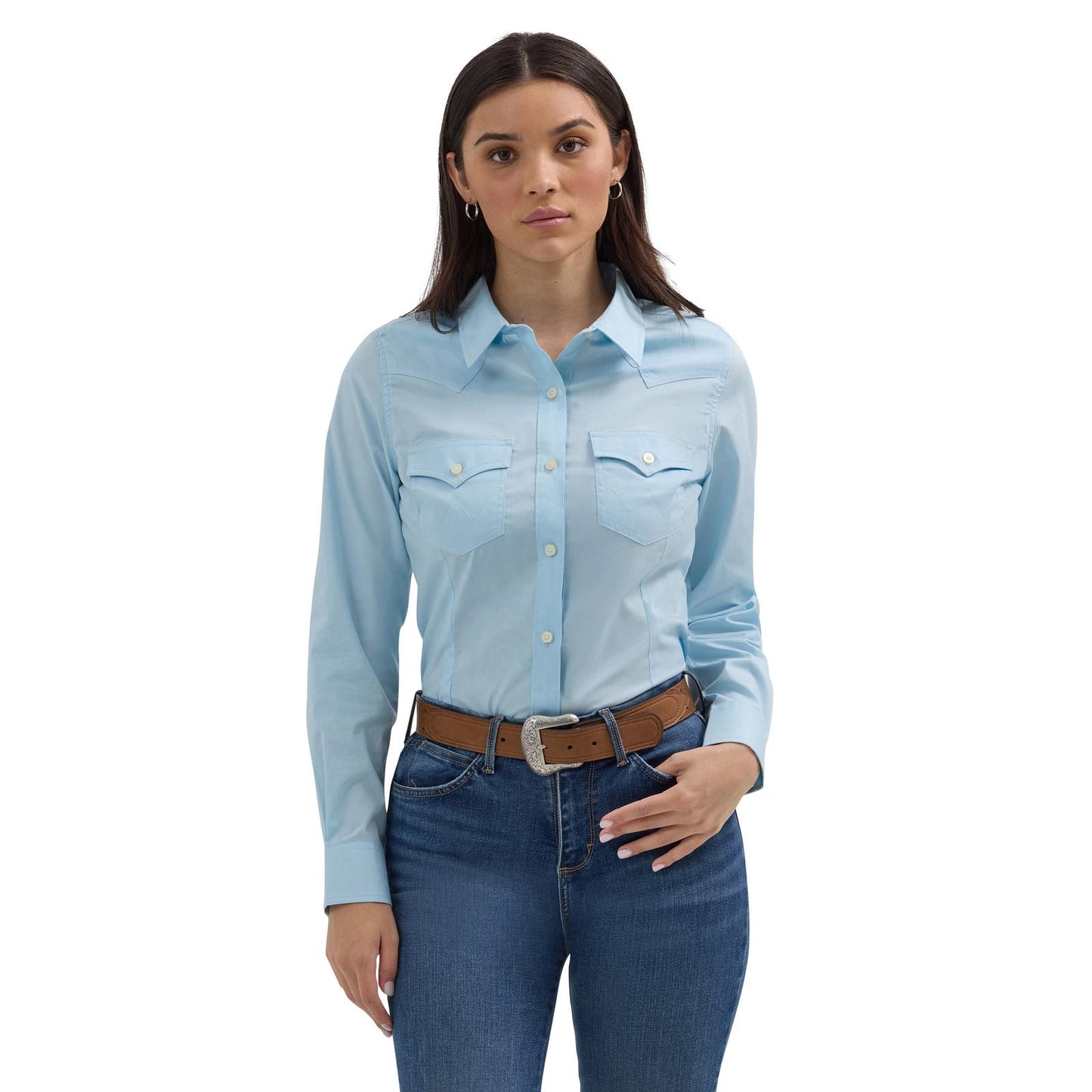 LADIES WRANGLER SOLID BUTTON SHIRT- COOL BLUE
