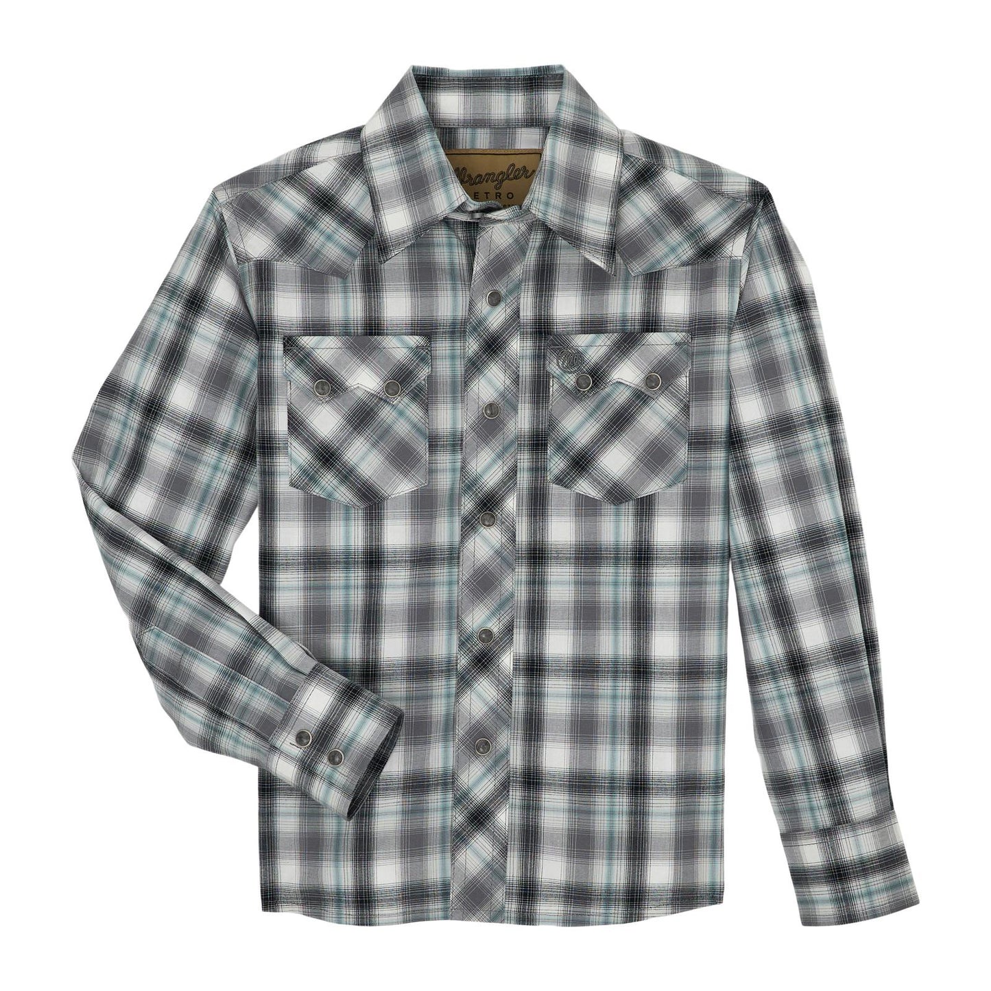 BOYS WRANGLER GREY PLAID SHIRT
