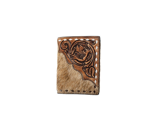 MENS TOOLED CALF HAIR TRIFOLD WALLET
