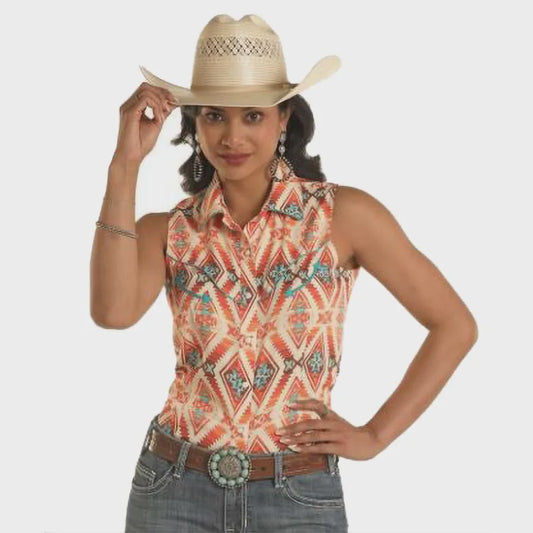 LADIES TAN AZTEC SLEEVELESS