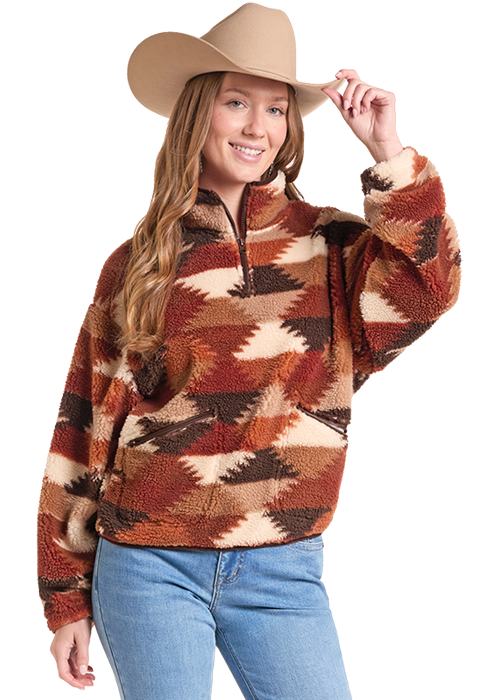 LADIES HEX PRINT 1/4 ZIP SHERPA