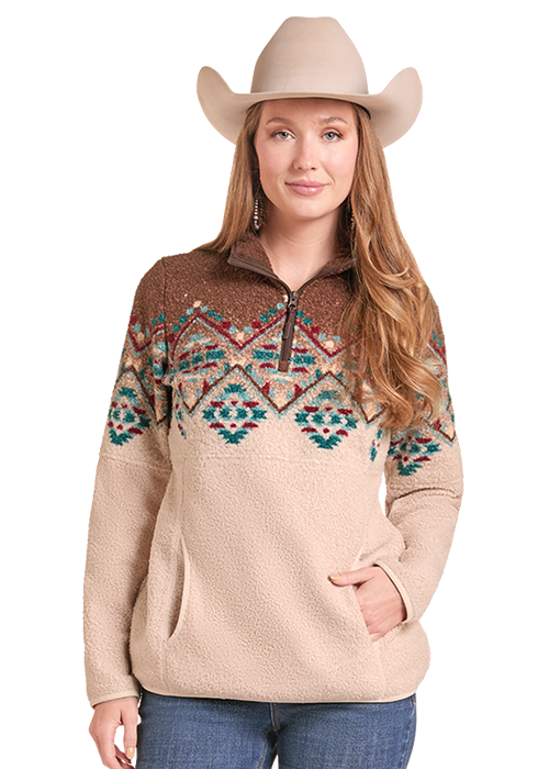 LADIES AZTEC SHERPA 1/4 ZIP- BROWN/TEAL