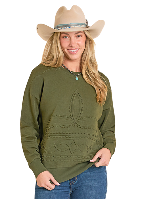 LADIES BOOT STITCH CREWNECK- GREEN