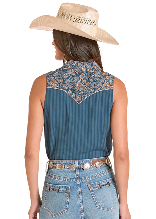 LADIES MIXED PRINT RETRO SLEEVELESS SHIRT