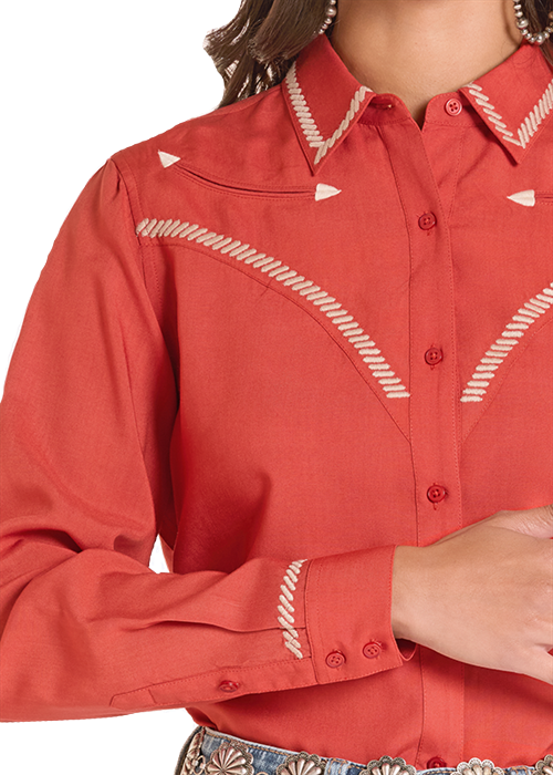 LADIES ROPE TRIM RETRO WESTERN SHIRT- SCARLET