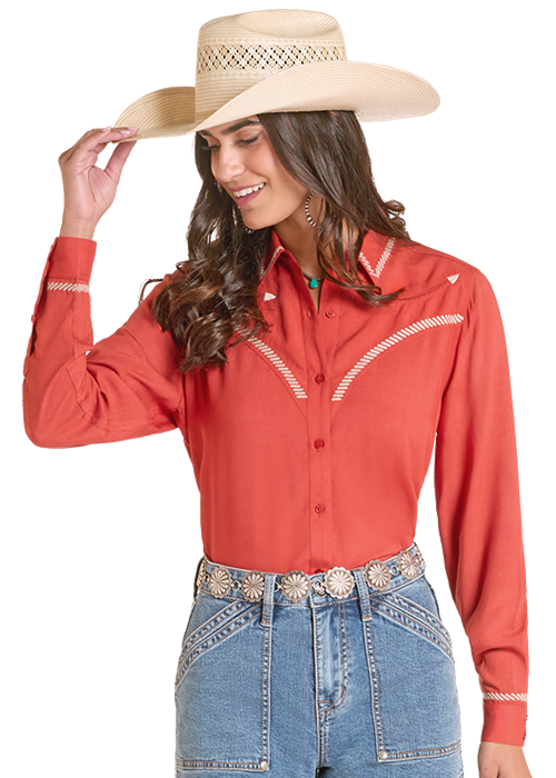 LADIES ROPE TRIM RETRO WESTERN SHIRT- SCARLET