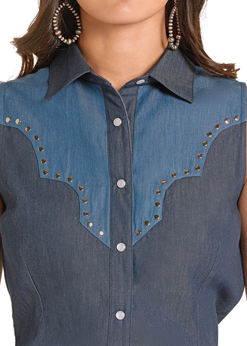 LADIES TWO TONED DENIM SLEEVELESS SHIRT