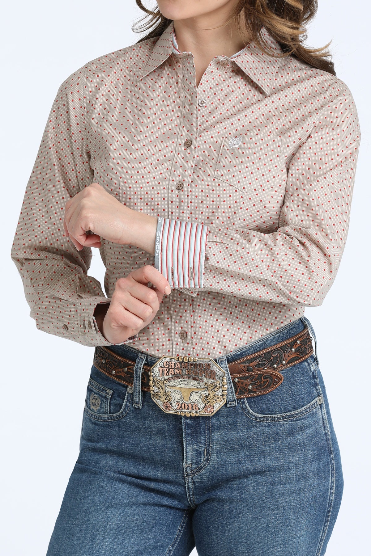 LADIES KHAKI SHIRT W/ RED DOTS