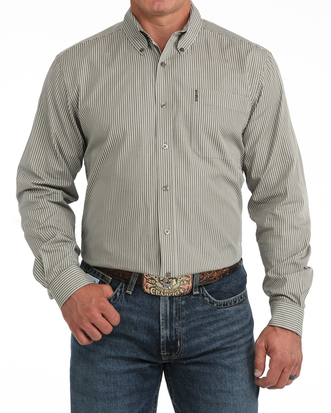 MENS MODERN FIT- OLIVE TENCEL STRIPE