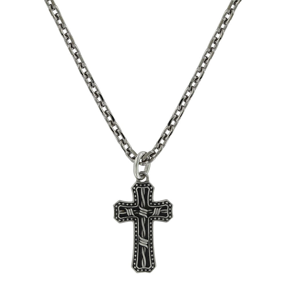 MENS ANTIQUED BARBED WIRE CROSS NECKLACE