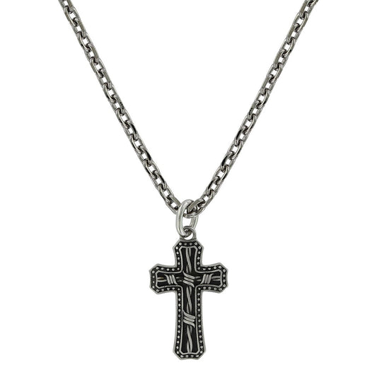 MENS ANTIQUED BARBED WIRE CROSS NECKLACE