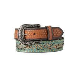 LADIES TURQUOISE TOOLED ENDS BELT