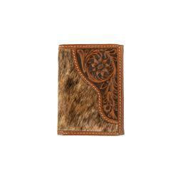 MENS CALF HAIR AND TOOLED TRIFOLD WALLET