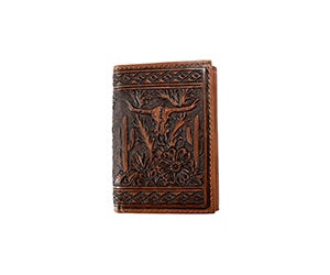MENS LONGHORN TOOLED TRIFOLD WALLET