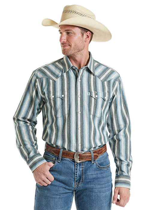 MENS STRIPE DOBBY SNAP- BLUE