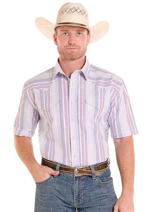 MENS SHORT SLEEVE STRETCH OXFORD STRIPE- PURPLE
