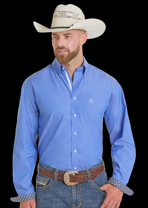 MENS BLUE SOLID PRINT BUTTON SHIRT