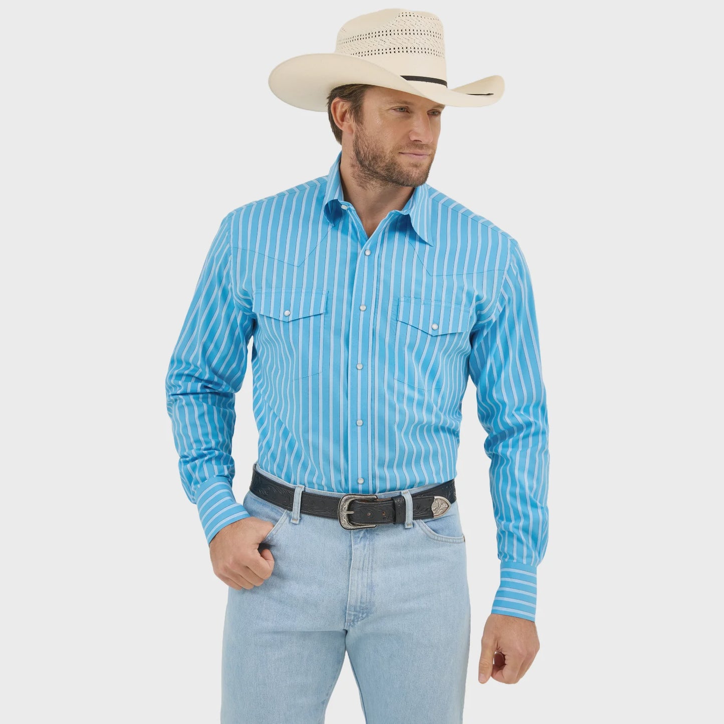 MENS WRANGLER WRINKLE RESIST BLUE STRIPED SHIRT